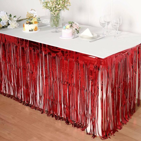 Disposable |  30″x9ft Red Metallic Foil Fringe Table Skirt, Self Adhesive Tinsel Table Skirt