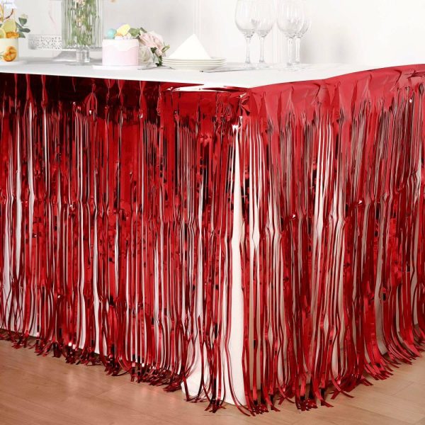 Disposable |  30″x9ft Red Metallic Foil Fringe Table Skirt, Self Adhesive Tinsel Table Skirt