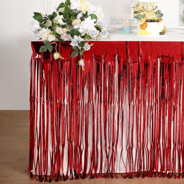 Disposable |  30″x9ft Red Metallic Foil Fringe Table Skirt, Self Adhesive Tinsel Table Skirt