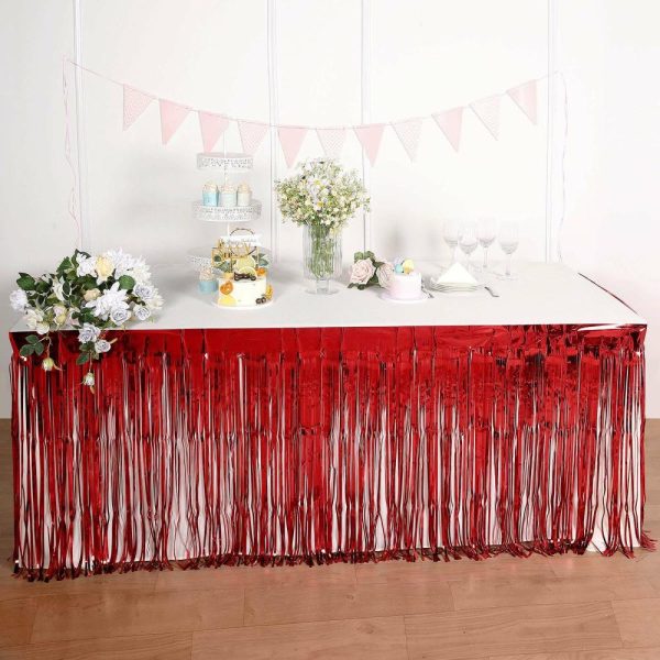 Disposable |  30″x9ft Red Metallic Foil Fringe Table Skirt, Self Adhesive Tinsel Table Skirt