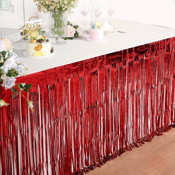 Disposable |  30″x9ft Red Metallic Foil Fringe Table Skirt, Self Adhesive Tinsel Table Skirt