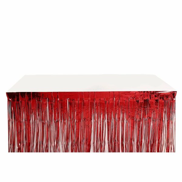 Disposable |  30″x9ft Red Metallic Foil Fringe Table Skirt, Self Adhesive Tinsel Table Skirt