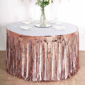 Disposable |  30″x9ft Rose Gold Metallic Foil Fringe Table Skirt, Self Adhesive Tinsel Table Skirt