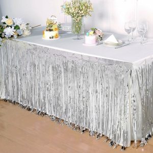 Disposable |  30″x9ft Silver Metallic Foil Fringe Table Skirt, Self Adhesive Tinsel Table Skirt