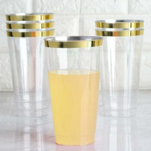 Disposable Flutes / Glasses / Cups |  12 Pack 17oz Tall Gold Rim Clear Plastic Cups, Disposable Party Glasses