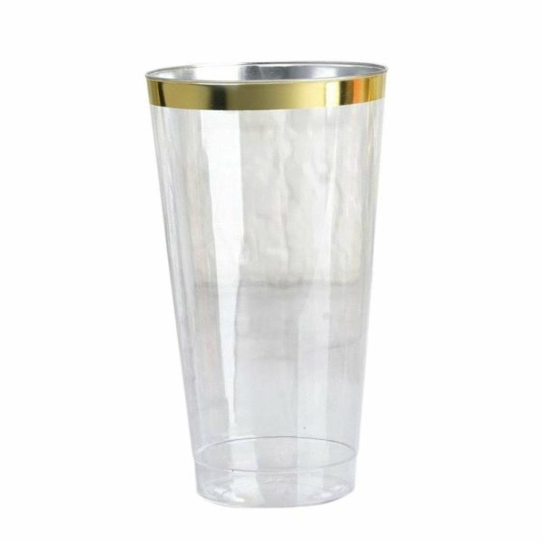 Disposable Flutes / Glasses / Cups |  12 Pack 17oz Tall Gold Rim Clear Plastic Cups, Disposable Party Glasses