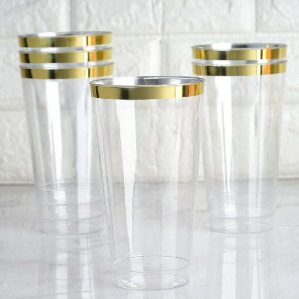 Disposable Flutes / Glasses / Cups |  12 Pack 17oz Tall Gold Rim Clear Plastic Cups, Disposable Party Glasses