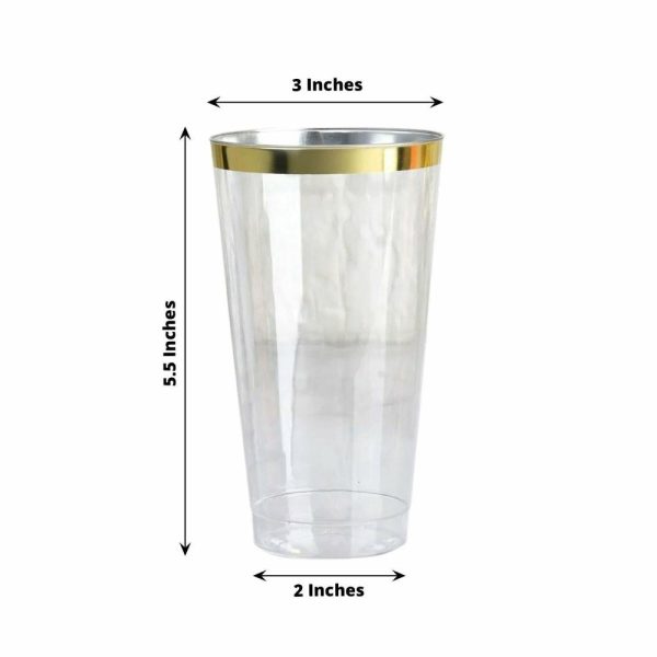 Disposable Flutes / Glasses / Cups |  12 Pack 17oz Tall Gold Rim Clear Plastic Cups, Disposable Party Glasses