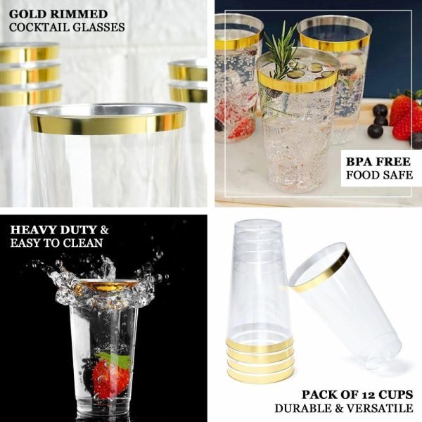 Disposable Flutes / Glasses / Cups |  12 Pack 17oz Tall Gold Rim Clear Plastic Cups, Disposable Party Glasses