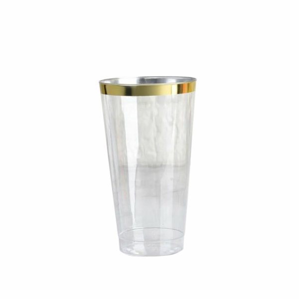 Disposable Flutes / Glasses / Cups |  12 Pack 17oz Tall Gold Rim Clear Plastic Cups, Disposable Party Glasses