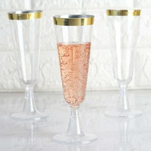 Disposable Flutes / Glasses / Cups |  12 Pack 5oz Gold Rim Clear Short Stem Plastic Champagne Glasses, Disposable Trumpet Flutes With Detachable Base