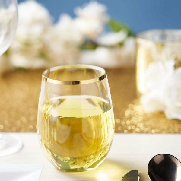 Disposable Flutes / Glasses / Cups |  12 Pack Clear 12oz Gold Rim Plastic Stemless Wine Glasses, Reusable Wine Tumbler