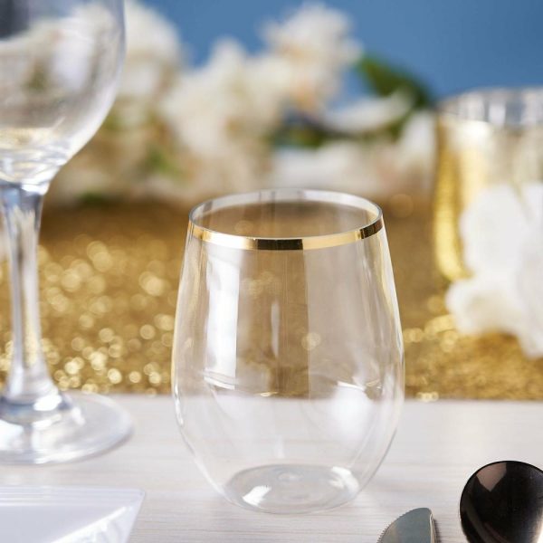 Disposable Flutes / Glasses / Cups |  12 Pack Clear 12oz Gold Rim Plastic Stemless Wine Glasses, Reusable Wine Tumbler