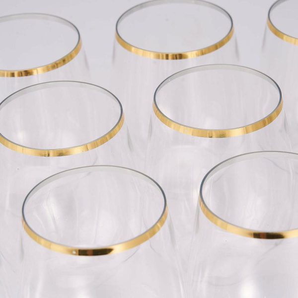 Disposable Flutes / Glasses / Cups |  12 Pack Clear 12oz Gold Rim Plastic Stemless Wine Glasses, Reusable Wine Tumbler