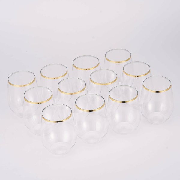 Disposable Flutes / Glasses / Cups |  12 Pack Clear 12oz Gold Rim Plastic Stemless Wine Glasses, Reusable Wine Tumbler