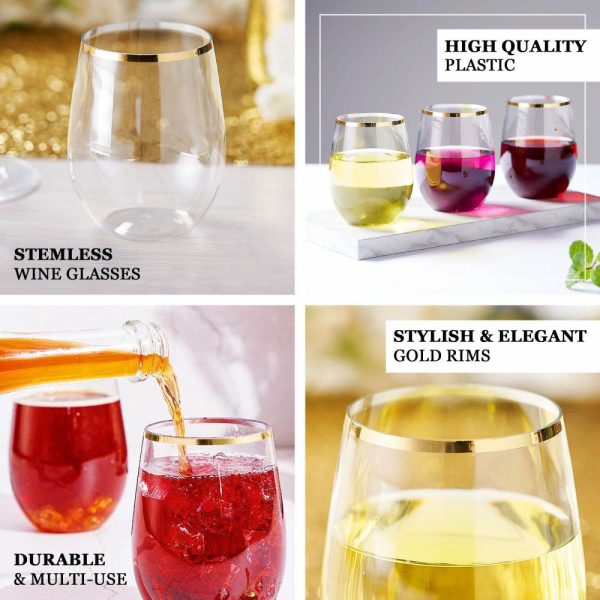 Disposable Flutes / Glasses / Cups |  12 Pack Clear 12oz Gold Rim Plastic Stemless Wine Glasses, Reusable Wine Tumbler