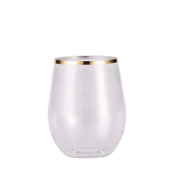 Disposable Flutes / Glasses / Cups |  12 Pack Clear 12oz Gold Rim Plastic Stemless Wine Glasses, Reusable Wine Tumbler