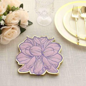 Disposable Flutes / Glasses / Cups |  20 Pack Purple Peony Flower Shaped Paper Cocktail Napkins with Gold Edges, Disposable Party Beverage Napkins