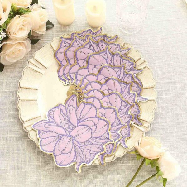 Disposable Flutes / Glasses / Cups |  20 Pack Purple Peony Flower Shaped Paper Cocktail Napkins with Gold Edges, Disposable Party Beverage Napkins