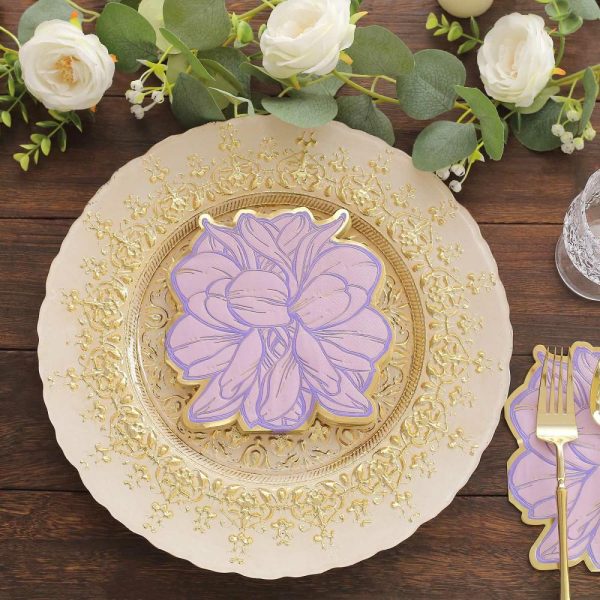 Disposable Flutes / Glasses / Cups |  20 Pack Purple Peony Flower Shaped Paper Cocktail Napkins with Gold Edges, Disposable Party Beverage Napkins