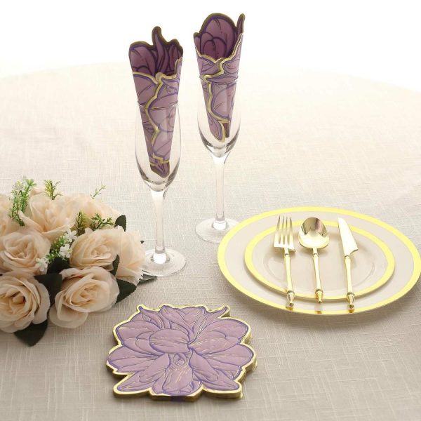 Disposable Flutes / Glasses / Cups |  20 Pack Purple Peony Flower Shaped Paper Cocktail Napkins with Gold Edges, Disposable Party Beverage Napkins