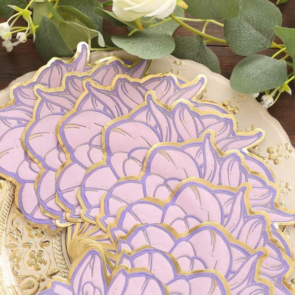 Disposable Flutes / Glasses / Cups |  20 Pack Purple Peony Flower Shaped Paper Cocktail Napkins with Gold Edges, Disposable Party Beverage Napkins