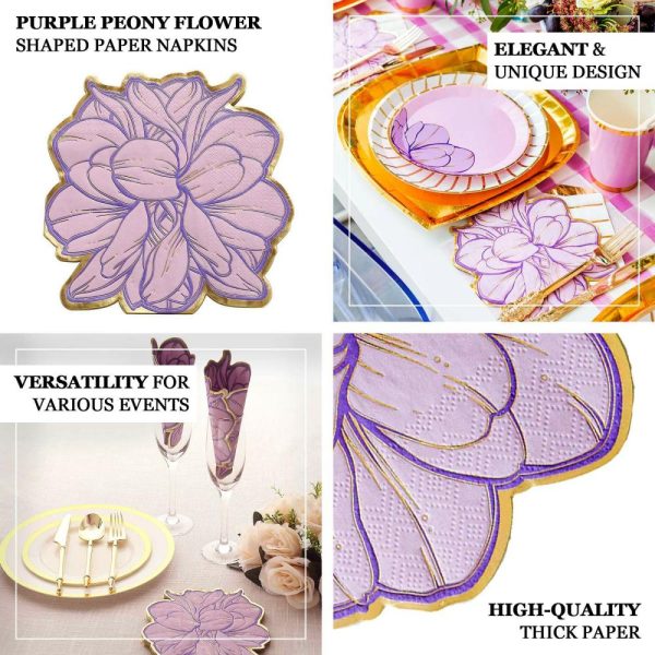 Disposable Flutes / Glasses / Cups |  20 Pack Purple Peony Flower Shaped Paper Cocktail Napkins with Gold Edges, Disposable Party Beverage Napkins