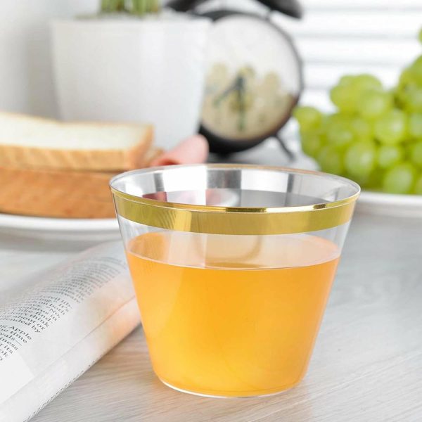 Disposable Flutes / Glasses / Cups |  25 Pack 9oz Clear Gold Crystal Collection Plastic Tumblers Cups, Disposable Cocktail Cups