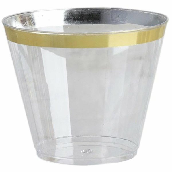 Disposable Flutes / Glasses / Cups |  25 Pack 9oz Clear Gold Crystal Collection Plastic Tumblers Cups, Disposable Cocktail Cups