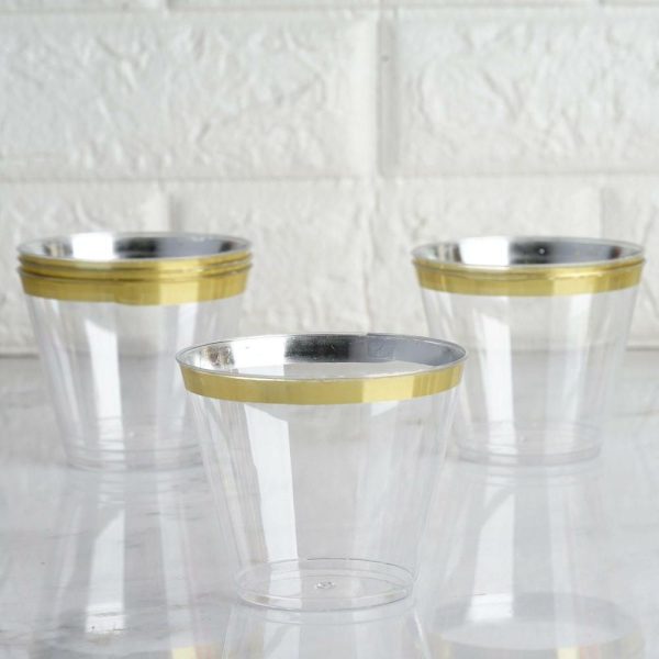 Disposable Flutes / Glasses / Cups |  25 Pack 9oz Clear Gold Crystal Collection Plastic Tumblers Cups, Disposable Cocktail Cups