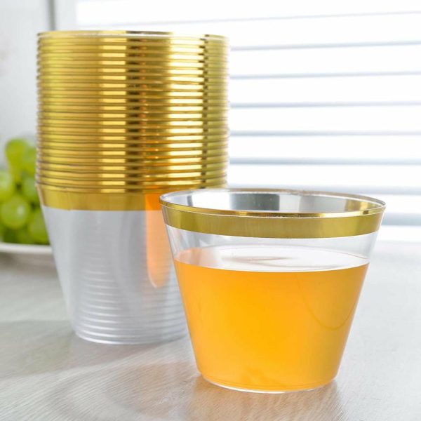 Disposable Flutes / Glasses / Cups |  25 Pack 9oz Clear Gold Crystal Collection Plastic Tumblers Cups, Disposable Cocktail Cups