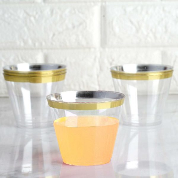 Disposable Flutes / Glasses / Cups |  25 Pack 9oz Clear Gold Crystal Collection Plastic Tumblers Cups, Disposable Cocktail Cups