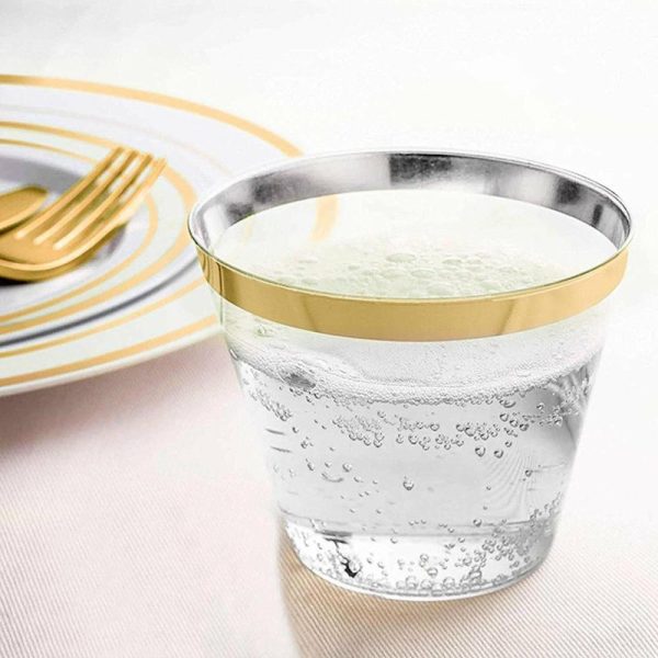 Disposable Flutes / Glasses / Cups |  25 Pack 9oz Clear Gold Crystal Collection Plastic Tumblers Cups, Disposable Cocktail Cups