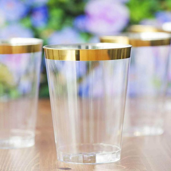 Disposable Flutes / Glasses / Cups |  25 Pack Clear Crystal Disposable Tumbler Drink Glasses With Gold Rim, 10oz Plastic Party Cups