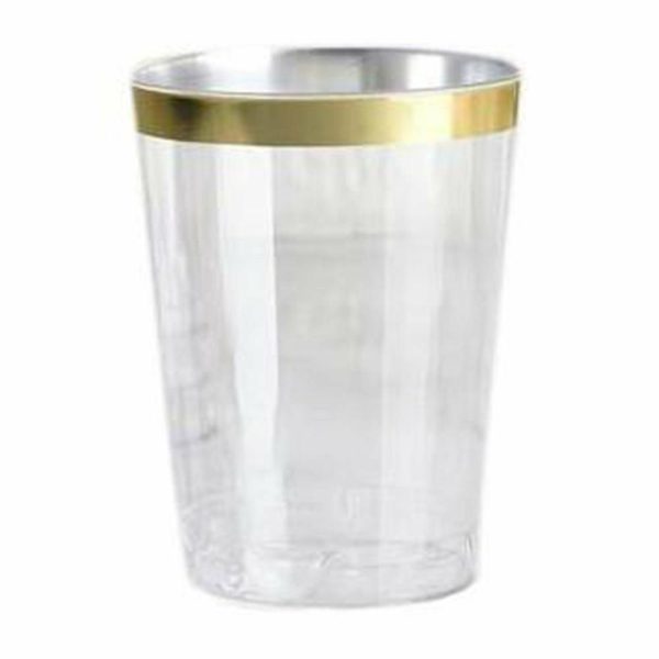 Disposable Flutes / Glasses / Cups |  25 Pack Clear Crystal Disposable Tumbler Drink Glasses With Gold Rim, 10oz Plastic Party Cups