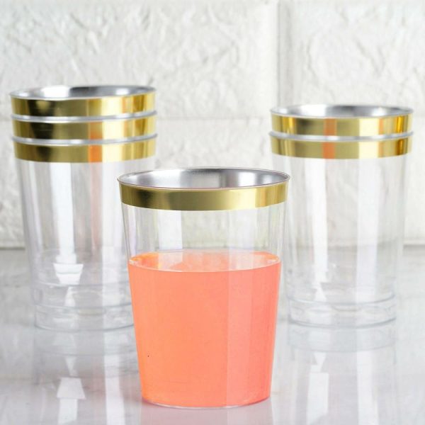 Disposable Flutes / Glasses / Cups |  25 Pack Clear Crystal Disposable Tumbler Drink Glasses With Gold Rim, 10oz Plastic Party Cups