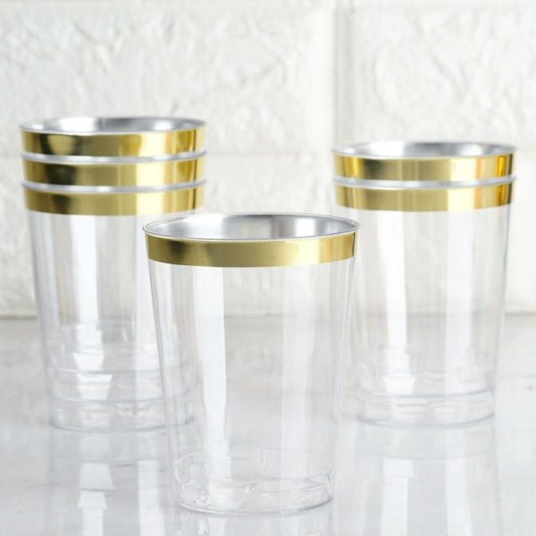 Disposable Flutes / Glasses / Cups |  25 Pack Clear Crystal Disposable Tumbler Drink Glasses With Gold Rim, 10oz Plastic Party Cups