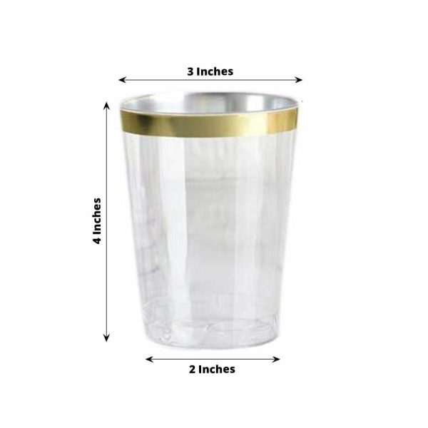 Disposable Flutes / Glasses / Cups |  25 Pack Clear Crystal Disposable Tumbler Drink Glasses With Gold Rim, 10oz Plastic Party Cups