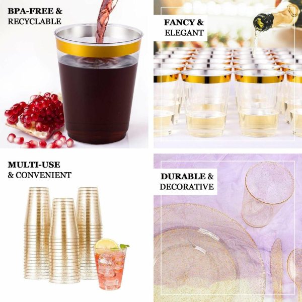 Disposable Flutes / Glasses / Cups |  25 Pack Clear Crystal Disposable Tumbler Drink Glasses With Gold Rim, 10oz Plastic Party Cups