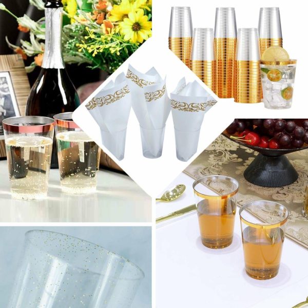 Disposable Flutes / Glasses / Cups |  25 Pack Clear Crystal Disposable Tumbler Drink Glasses With Gold Rim, 10oz Plastic Party Cups