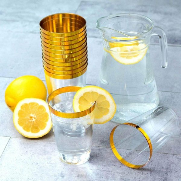 Disposable Flutes / Glasses / Cups |  25 Pack Clear Crystal Disposable Tumbler Drink Glasses With Gold Rim, 10oz Plastic Party Cups