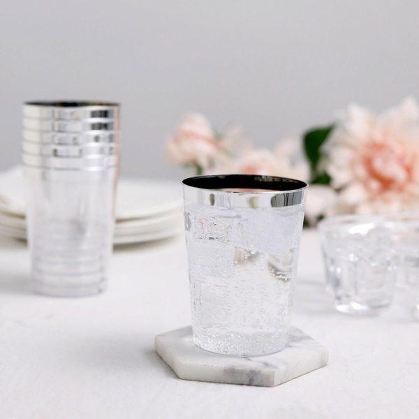 Disposable Flutes / Glasses / Cups |  25 Pack Clear Crystal Disposable Tumbler Drink Glasses With Silver Rim, 10oz Plastic Party Cups