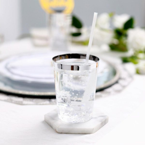 Disposable Flutes / Glasses / Cups |  25 Pack Clear Crystal Disposable Tumbler Drink Glasses With Silver Rim, 10oz Plastic Party Cups