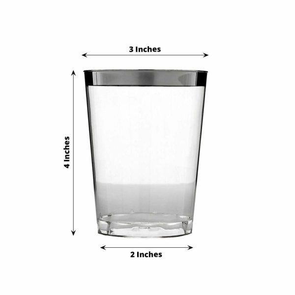 Disposable Flutes / Glasses / Cups |  25 Pack Clear Crystal Disposable Tumbler Drink Glasses With Silver Rim, 10oz Plastic Party Cups