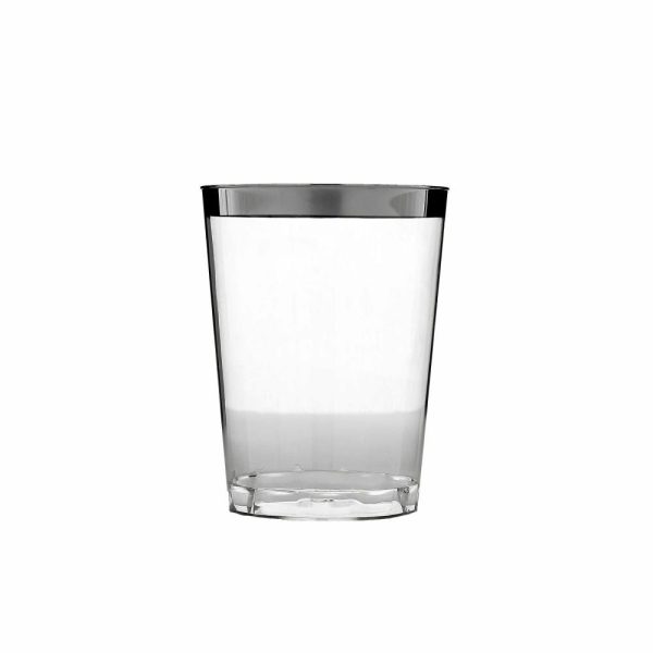 Disposable Flutes / Glasses / Cups |  25 Pack Clear Crystal Disposable Tumbler Drink Glasses With Silver Rim, 10oz Plastic Party Cups