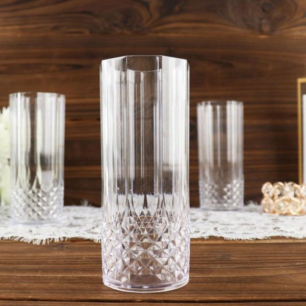 Disposable Flutes / Glasses / Cups |  6 Pack 14oz Clear Crystal Cut Reusable Plastic Cocktail Tumblers, Shatterproof Highball Drinking Glasses