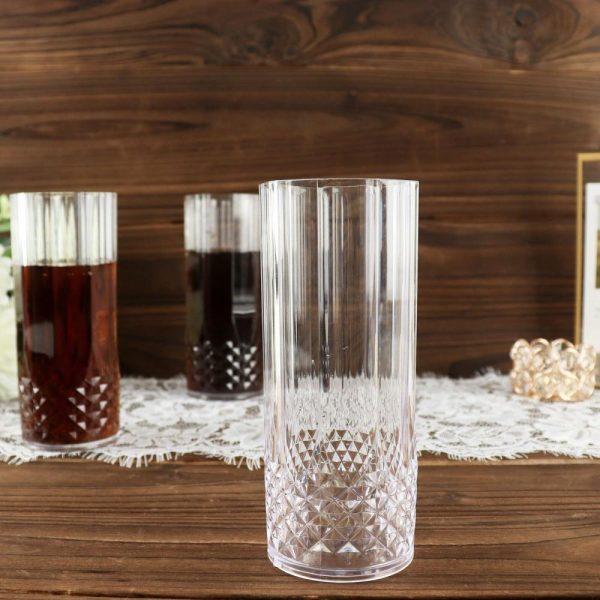 Disposable Flutes / Glasses / Cups |  6 Pack 14oz Clear Crystal Cut Reusable Plastic Cocktail Tumblers, Shatterproof Highball Drinking Glasses