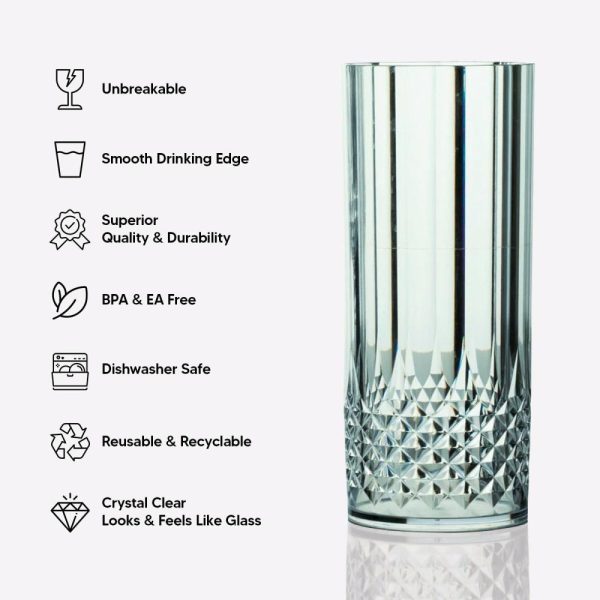 Disposable Flutes / Glasses / Cups |  6 Pack 14oz Clear Crystal Cut Reusable Plastic Cocktail Tumblers, Shatterproof Highball Drinking Glasses