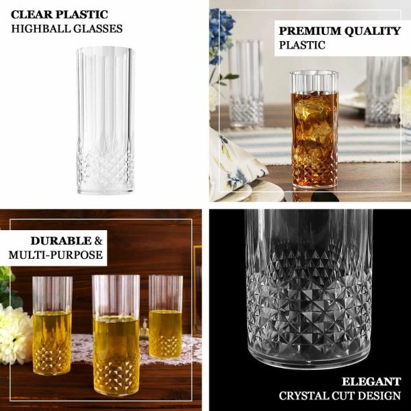 Disposable Flutes / Glasses / Cups |  6 Pack 14oz Clear Crystal Cut Reusable Plastic Cocktail Tumblers, Shatterproof Highball Drinking Glasses