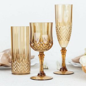 Disposable Flutes / Glasses / Cups |  6 Pack 8oz Amber Gold Crystal Cut Reusable Plastic Cocktail Goblets, Shatterproof Wine Glasses